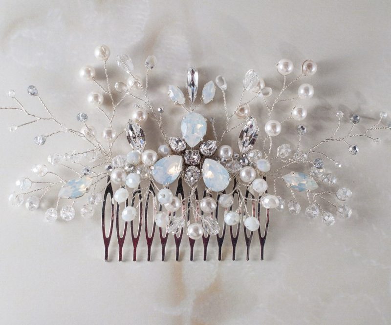 Eloise - pettinino per capelli da cerimonia con Swarovski crystal e bianchi filo in argento 925