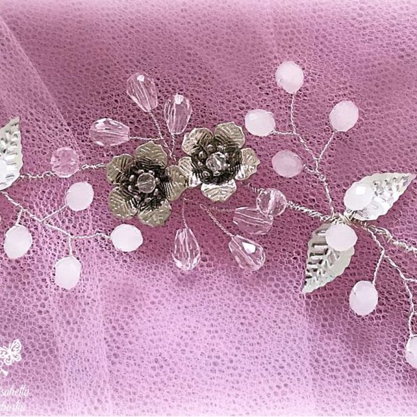 tralcio da sposa con fiori in ottone color argento e cristalli 04