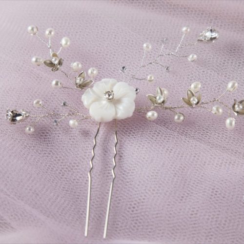 Hairpins White mother-of-pearl flower with 925 silver wire - Swarovski crystals and White freshwater pearls 02
