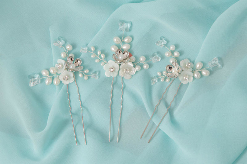 set of hair pins with mother-of-pearl and silver flowers, and Swarovski crystal butterflies 01