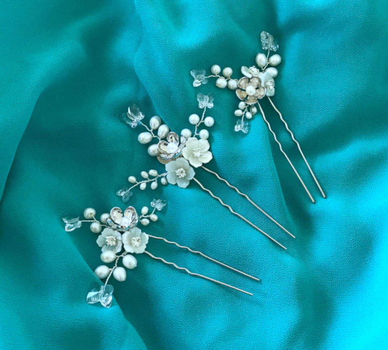 set of hair pins with mother-of-pearl and silver flowers, and Swarovski crystal butterflies 03