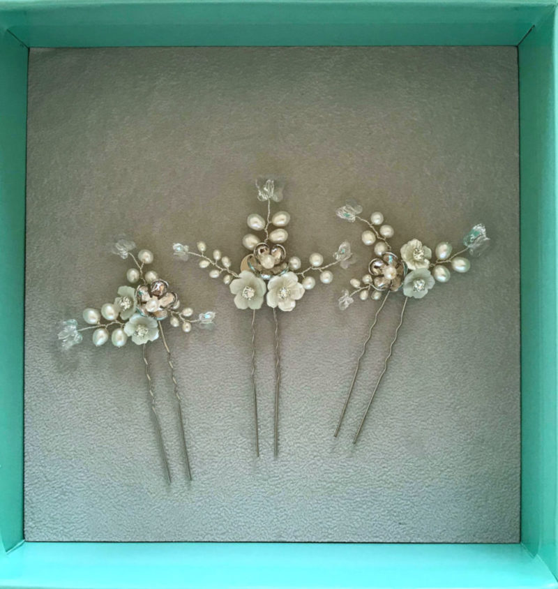 set of hair pins with mother-of-pearl and silver flowers, and Swarovski crystal butterflies 04